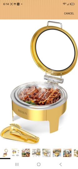 ROVSUN 6QT Gold Chafing Dishes for Buffet, Roll Top Chafing Dish Buffet Set, Round Chafers and Buffet Warmers Sets with Glass Lid & Serving Tong for P