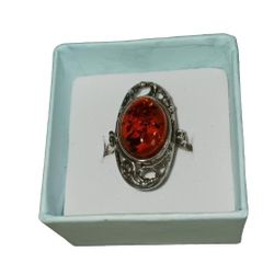 Vintage Sterling Silver Amber Ring Size 6