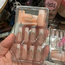 Woman Press On Nails 💅 Long Length/ Reusable 💗 French Tip With Diamonds 💎