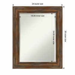 Beveled Wood Wall Mirror - Alexandria Rustic Brown Frame - Outer Size: 24 x 30 in