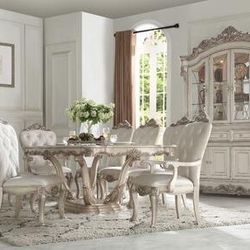 7 PIECE FORMAL ANTIQUE WHITE-FINISH-DINING-TABLE-SET- MESA SILLAS