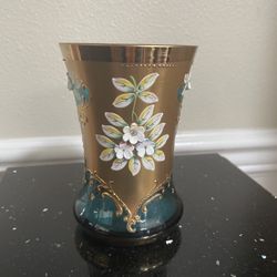 Vintage Blue & Gold Bohemian Czech Glass Vase 5”
