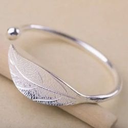 Bohemian Sterling Silver Leaf Bangle Bracelet Precious Metal Rhodium Finish