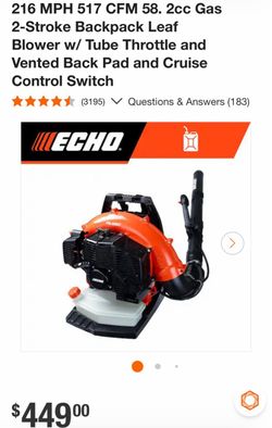 216 MPH 517 CFM 58. 2cc Gas 2-Stroke Backpack Leaf Blower w/ Tube Throttle and Vented Back Pad and Cruise Control Switch
