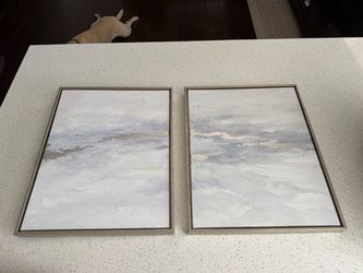 Set of 2 Framed Neutral Abstract Canvas Prints – Gray & Silver