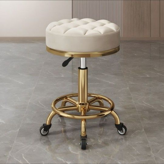 Rolling Bar Stool Round Swivel Chair Adjustable 45-60 cm, Beauty Salon Counter Work Stool, Metal Titanium Gold 5 Claws with Wheels (Color : Beige)