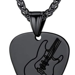 Suplight Stainless Steel Black Guitar Pick Necklace for Men Waterproof Guitar Picks Holder Pendant Plectrum Music Note Necklace Musical Guitarist Jewe