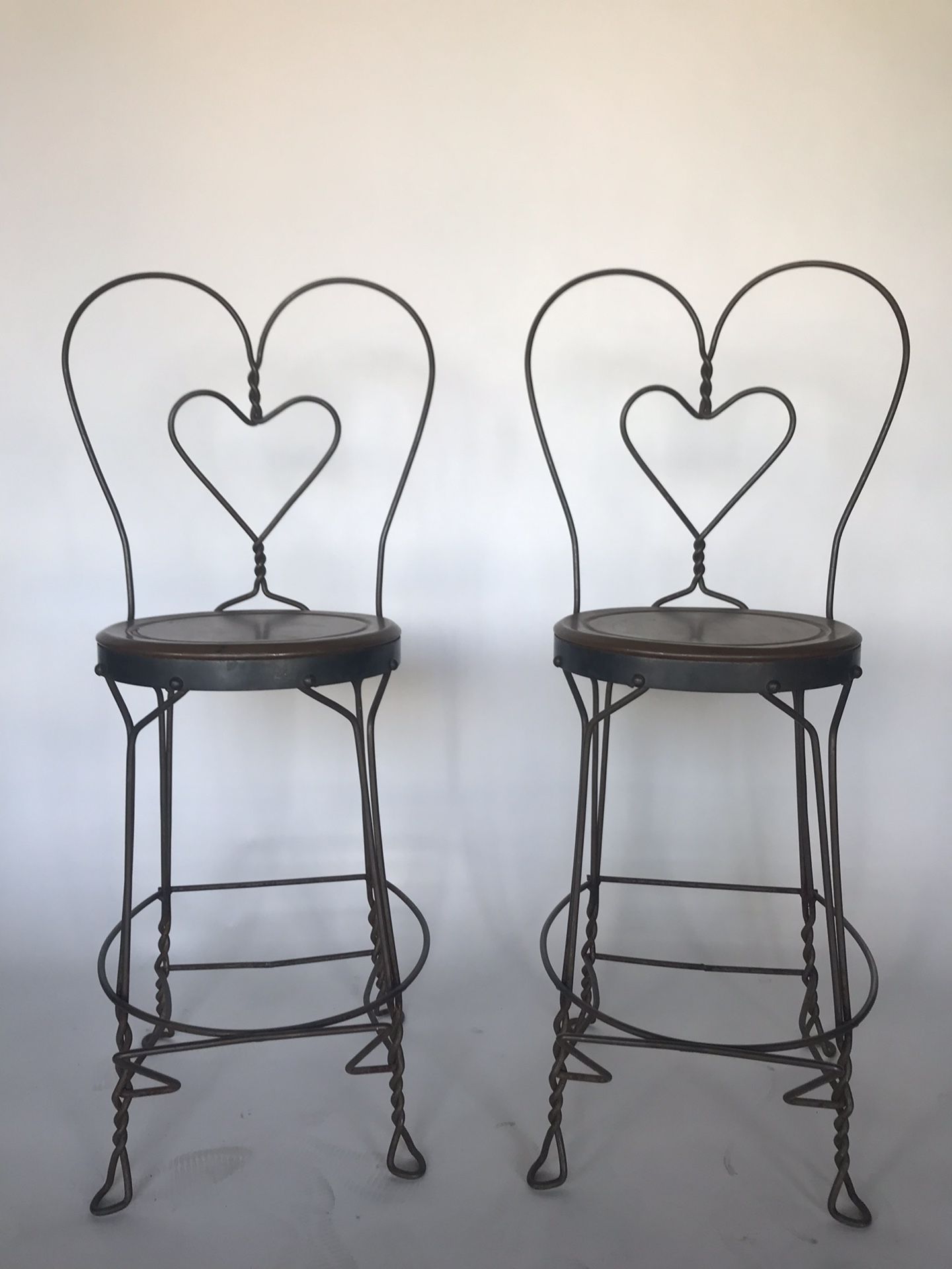 PAIR of metal Heart Backed ice cream parlor Barstools