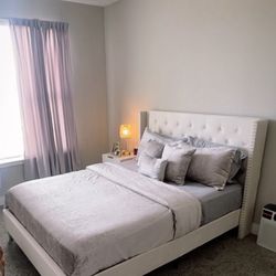 Beige queen size platform bed frame with Mattress 