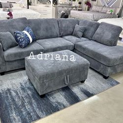 No Tax Elegant 3-Pc Corduroy Sectional Sofa With Storage Ottoman + USB Port 