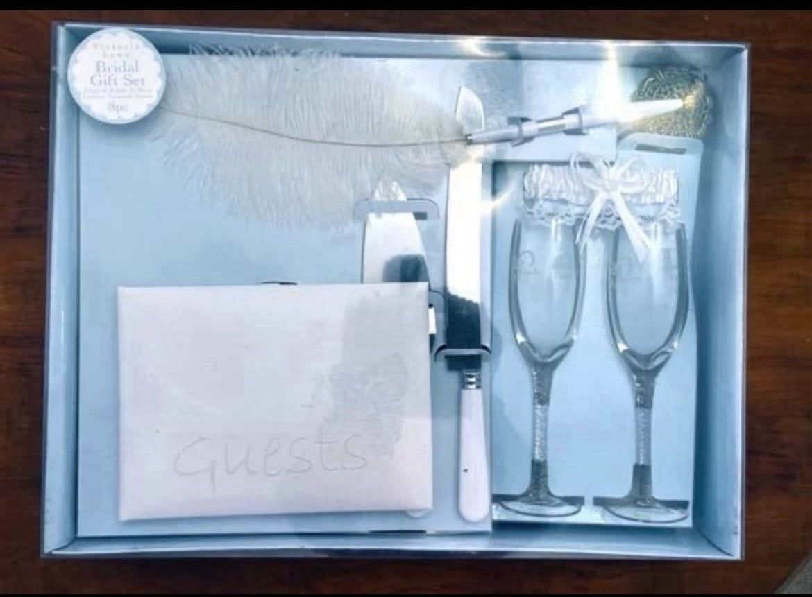 8pc BRIDAL GIFT SET guest book garter pen cake server bride groom glasses