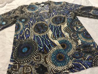 Chicos Lace Mesh Bohemian Blue Black Artsy Cardigan Size XL (Size 3) 3/4 Sleeve  Add an effortless statement layer to your wardrobe with this beautifu