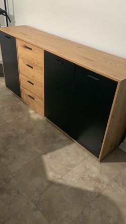 Modern Buffet Sideboard Storage Cabinet in Wood Grain and Black Finish - 68.1"W