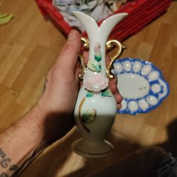 Ucagco Ceramic Japan Vase With Applied Pink Roses And Leaves 