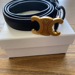 Celine Triomphe Leather Belt, Black Leather, With Box
