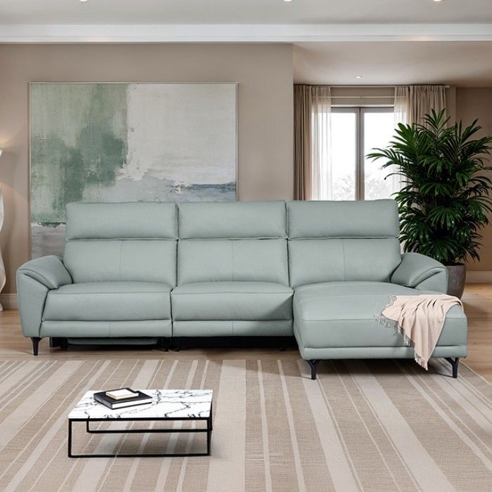 Brand New Pale Blue Top Grain Leather Power Reclining Sectional Sofa