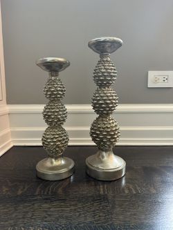 Tall Silver Tone Wood Candlesticks Christmas Pinecone Lot Of Two