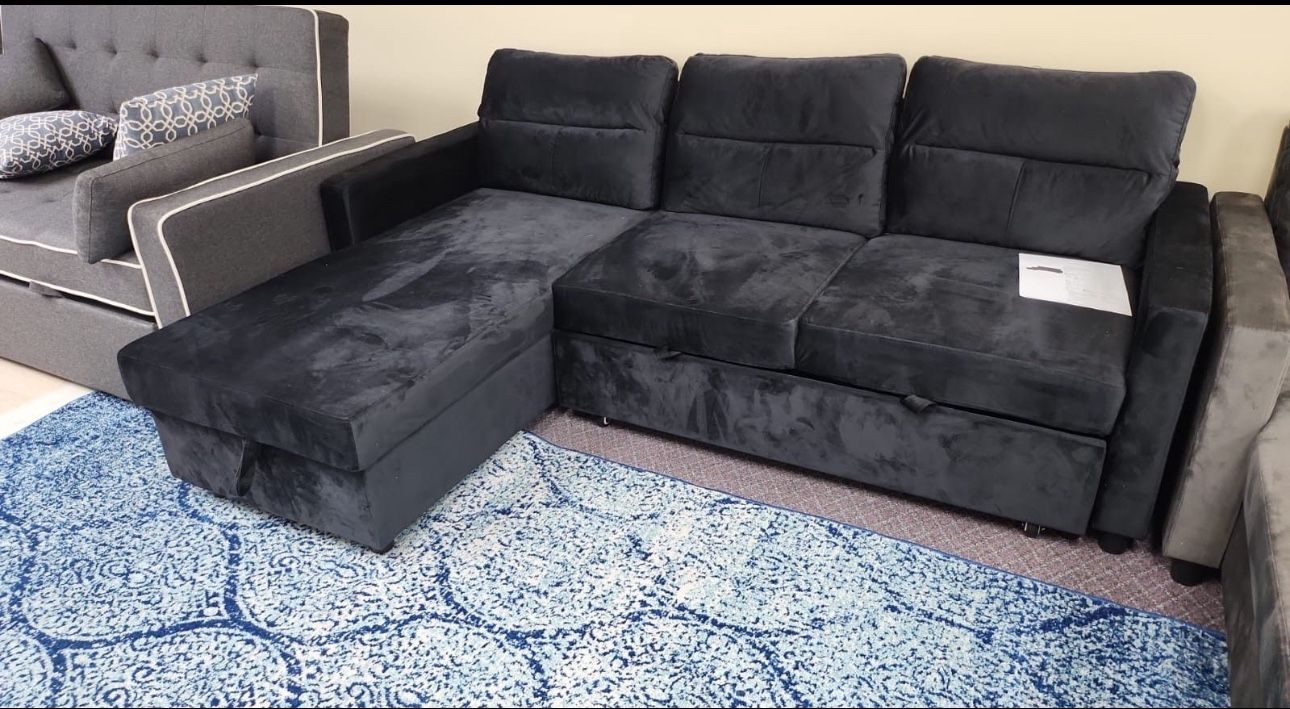 Black Velvet Sofa Sectional Sleeper With Storage 🔥buy Now Pay Later 