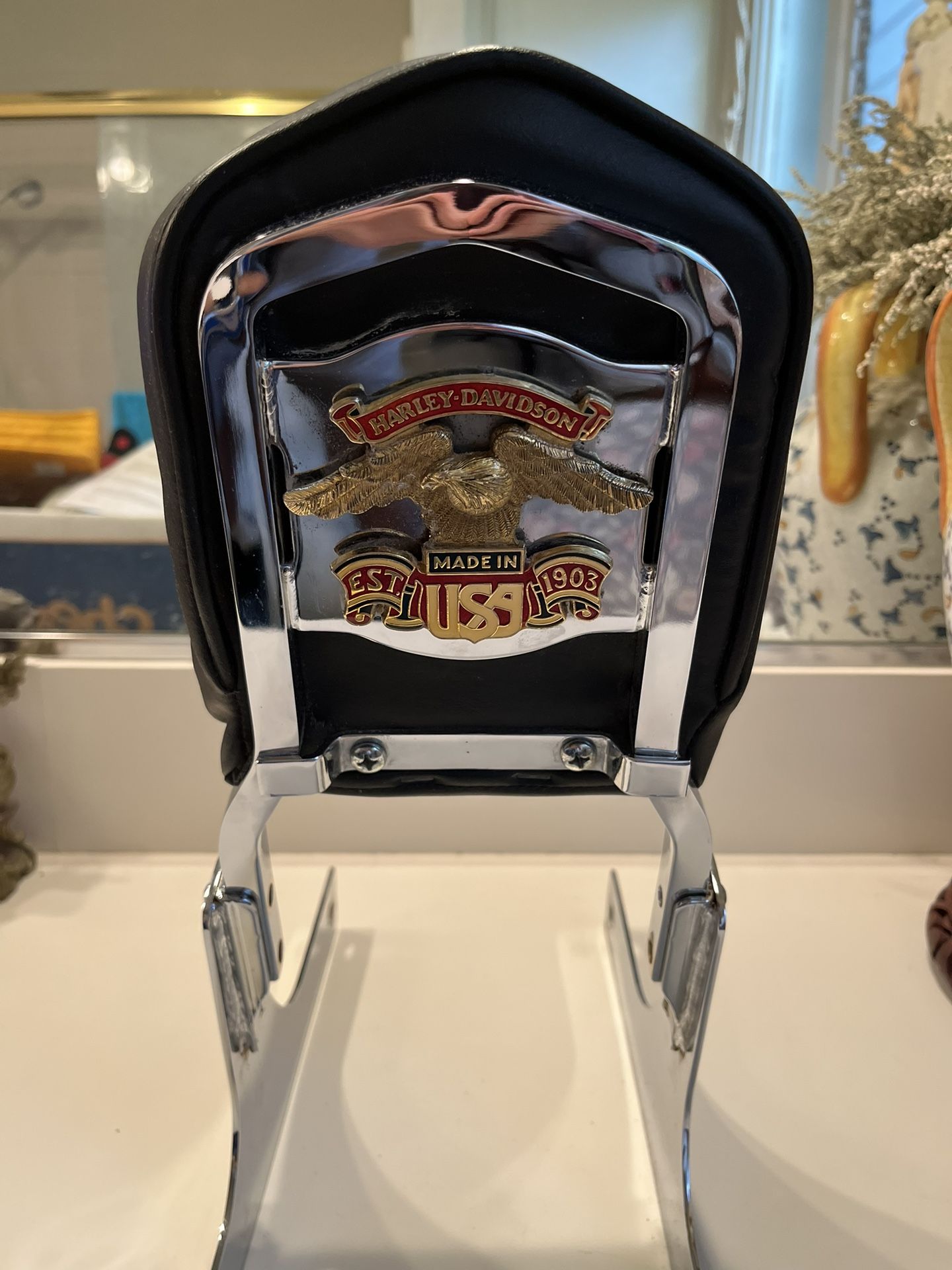 Vintage Harley Davidson Sissy Bar Backrest w/ Gold Eagle Emblem on Back