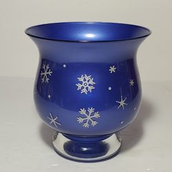 Blue Glass Snowflakes Hurricane Candle Holder Winter 