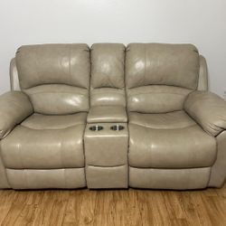 Stone Leather Power Reclining Console Loveseat, Leather Recliner Sofa, Electric