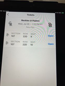 2 PADRES/ROCKIES TICKETS, WEDNESDAY, 7/29, SEC 107, ROW 22D