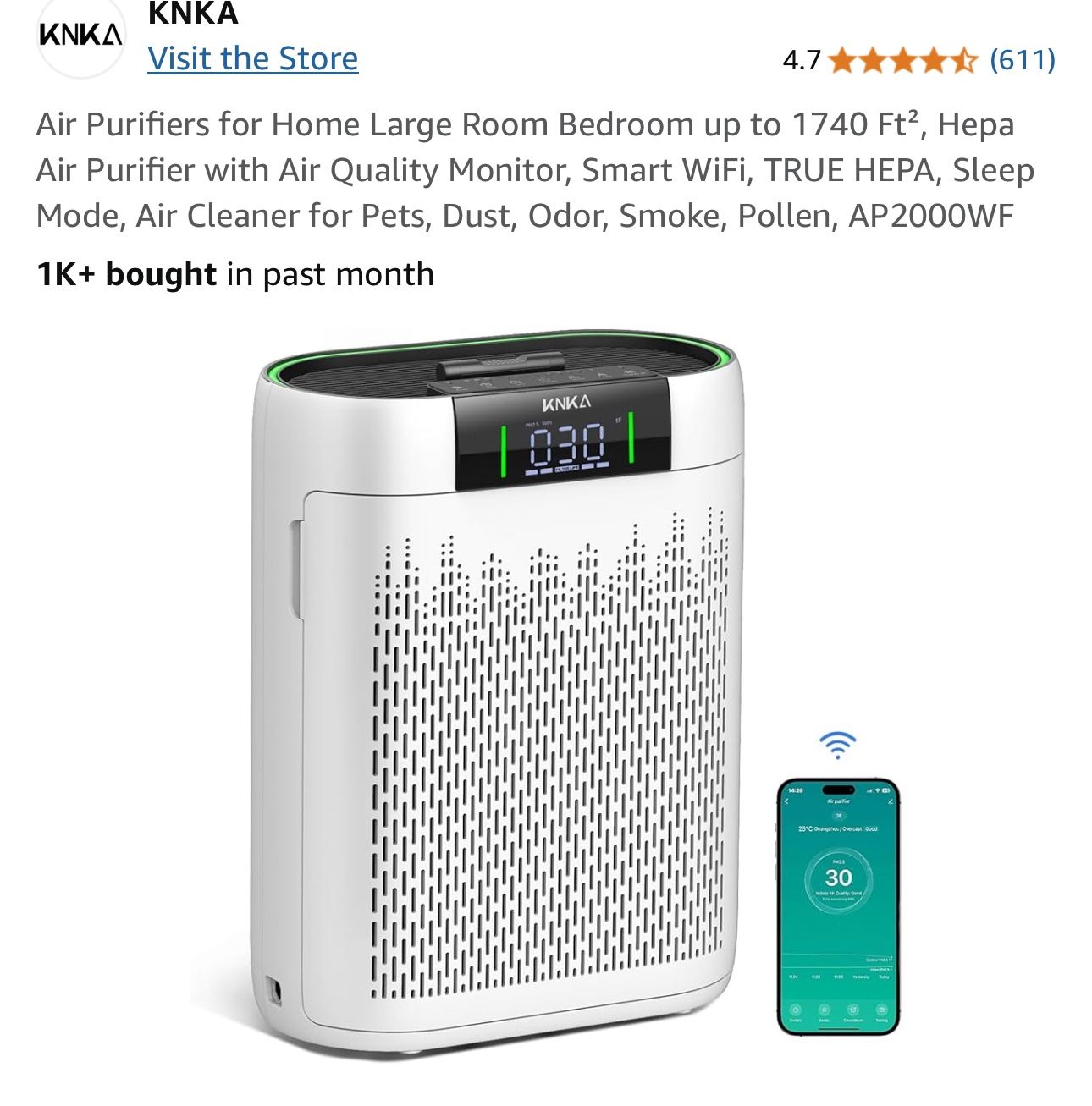 Air Purifiers for Home Large Room Bedroom up to 1740 Ft², Hepa Air Purifier with Air Quality Monitor, Smart WiFi, TRUE HEPA, Sleep Mode, Air Cleaner f