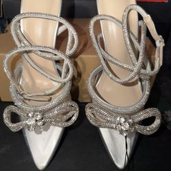 PrettyLittleThing  Women's Double Bow Pointed Toe Ankle Strap Crystal Pumps Wedding Bridal Party Stilettos Backless Heeled Sandals 