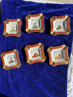 Collection 6 Japanese Hand Painted Porcelain Ashtrays Varios Figures Mid Century 