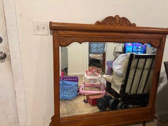 Oak Wood Dresser Mirror with Carved Detail
