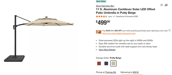 Hampton Bay 11ft Cantilever Solar LED Patio Umbrella Putty Beige - Like New