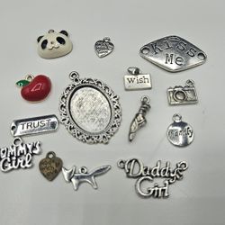 14 silver tone charms for bracelets necklaces earrings Panda face apple trust mommy's girl daddy's girl made with love fox ballet slipper foot family 