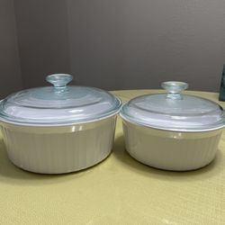 Vintage Corning Ware French White Casserole Set – 1.6L & 2.5L with Original Pyrex Lids