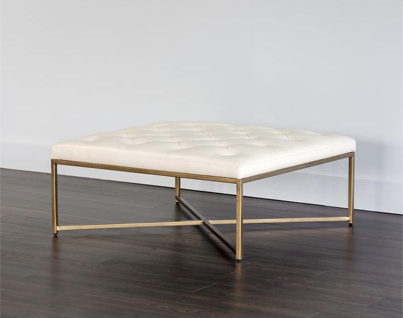 Shaw Ottoman in Tufted Oatmeal Fabric & Antique Brass