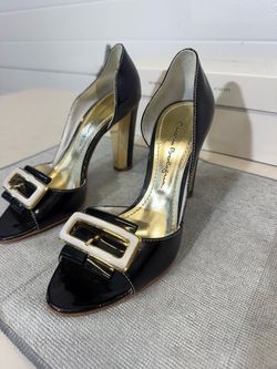Black Patent Leather Open-Toe Heels with Gold Buckle