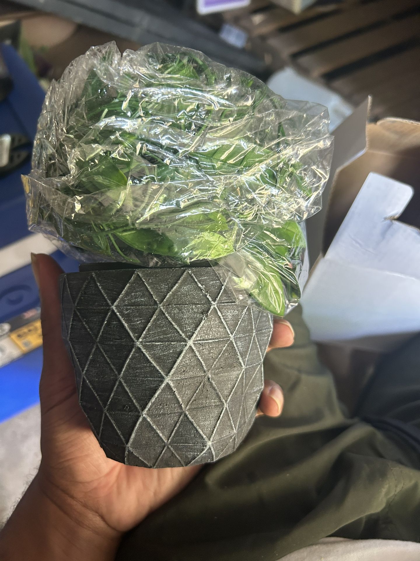 Decorative Faux Potted Plant with Geometric Pot