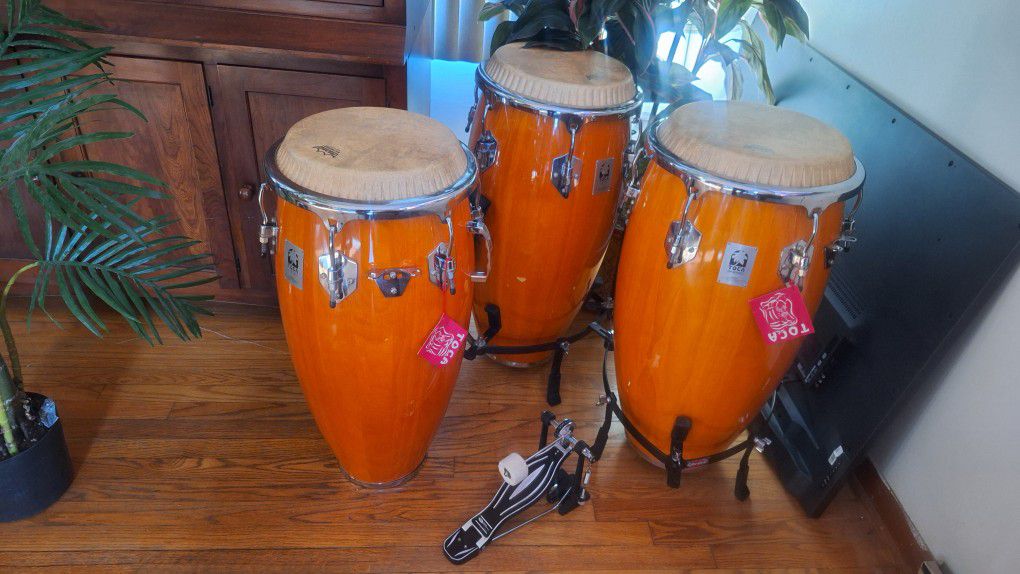 Set Of 3 Toca Conga Drums With Remo Synthetic Skins AND Brand New Bass Pedal