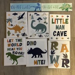 5 X 8in Dinosaur Area Rug, Dinosaur Canvases, and two 13in X 13in dinosaur storage cubes