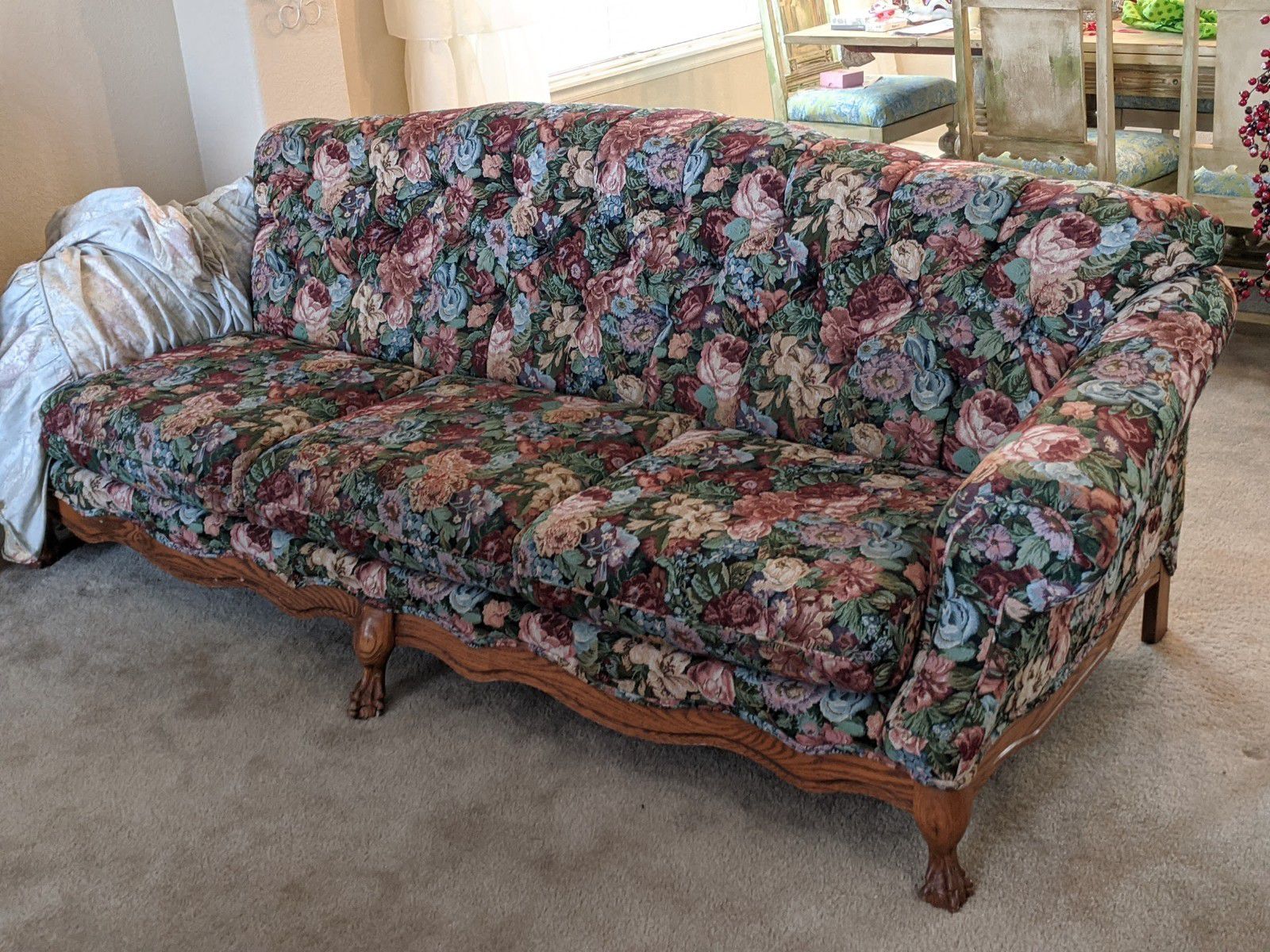 Mint Condition Formal Brocade Clawfoot Couch & Loveseat