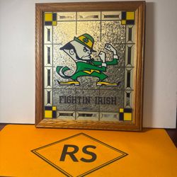 Vintage Glitter Art Glass Notre  Dame Fighting Irish Leprechaun Bar Picture