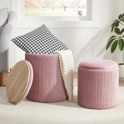 Round Ottoman with Storage Set of 2,Vanity Stool with Storage for Bedroom, Ottoman Coffee Table,Small Velvet Foot Stool for Living Room, Pink