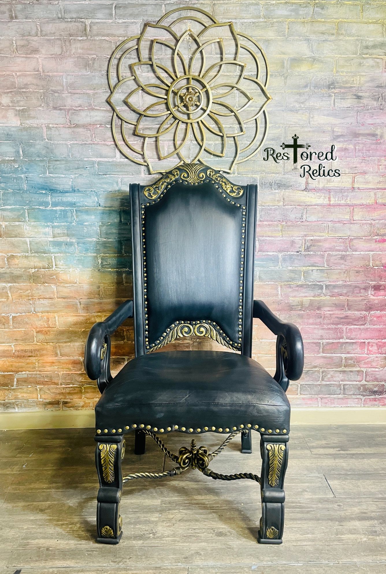 Large Beautiful Ornate, Black, Leather Chair