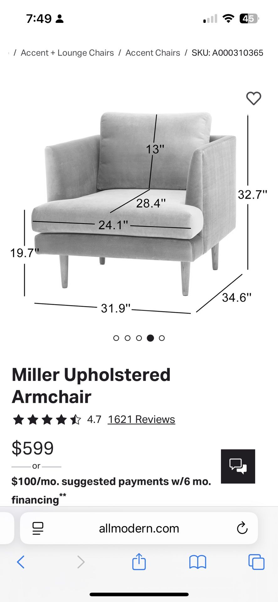 2 Stax Blue Velvet Miller Upholstered Armchairs