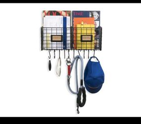 Wall mountable organizer black Steel L 17" D 5" h 6 1/2" compartment 8 1/4" brand new in box I use it to hang my pots comes with 10 hooks