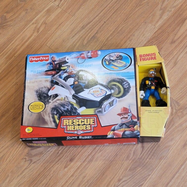 Vintage Fisher-Price Rescue Heroes Dune Buggy w/bonus Jake Justice 
figure New, original box. Sealed. Light outer box wear. Please see 
photos. .
The 