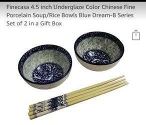 Set of 2 porcelain bowls w chopsticks - brand new