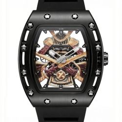 Men’s Samurai Warrior Skeleton Watch – Black & Gold Tonneau Edition