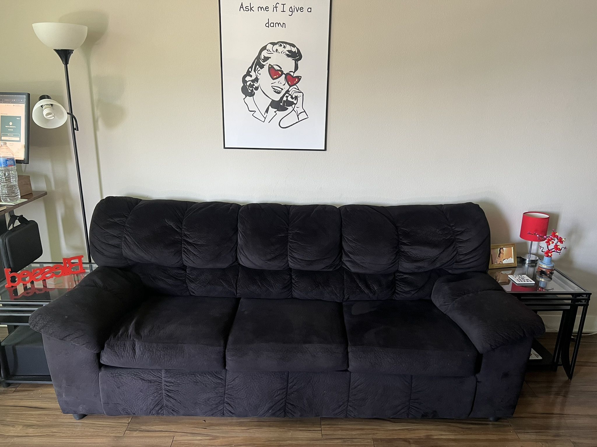 Black Plush 3-Seater Couch – Comfortable & Gently Used