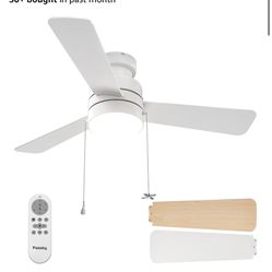 Ceiling Fans with Lights, 42 inch Low Profile Ceiling Fan with Pull Chain and Remote Control, Flush Mount, Reversible, 5CCT, Dimmable, Noiseless, Whit