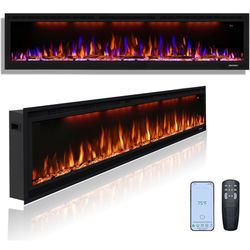 Electric Fireplace 74 inch, Recessed Wall Mounted Fireplace Heater, Slim Frame w/Multicolor Flame Combinations, Logs & Crystals, Smart &Remote Contro